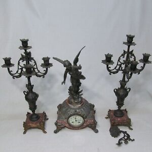 L’AURORE BOURET FRENCH MARBLE BRONZE CLOCK MARTI MOVEMENT W/CANDELABRAS DAMAGED