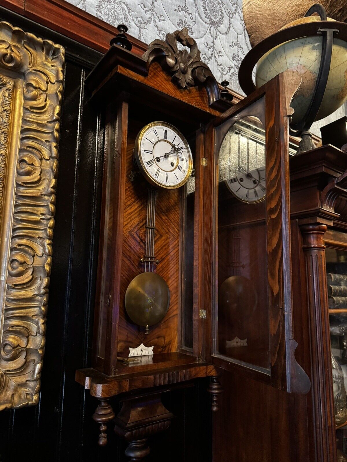 Antique 19th Century German Mechanical Wooden Wall Clock With Pendulum