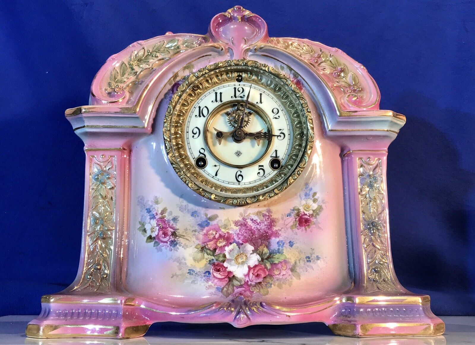 1882 ANTIQUE ANSONIA PORCELAIN STRIKES CLOCK,1755 GERMANY BONN PORCELAIN CASE