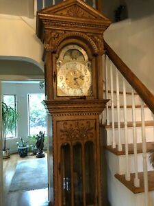 Antique 8 Day  Tall  Oak Case Grandfather Clock In Excellent Working Condition