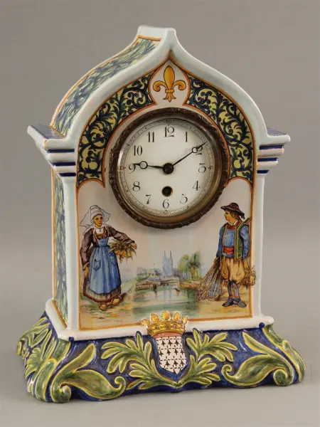 RARE Antique circa-1900 French Faience Quimper Pottery Mantel Clock, Early Mark