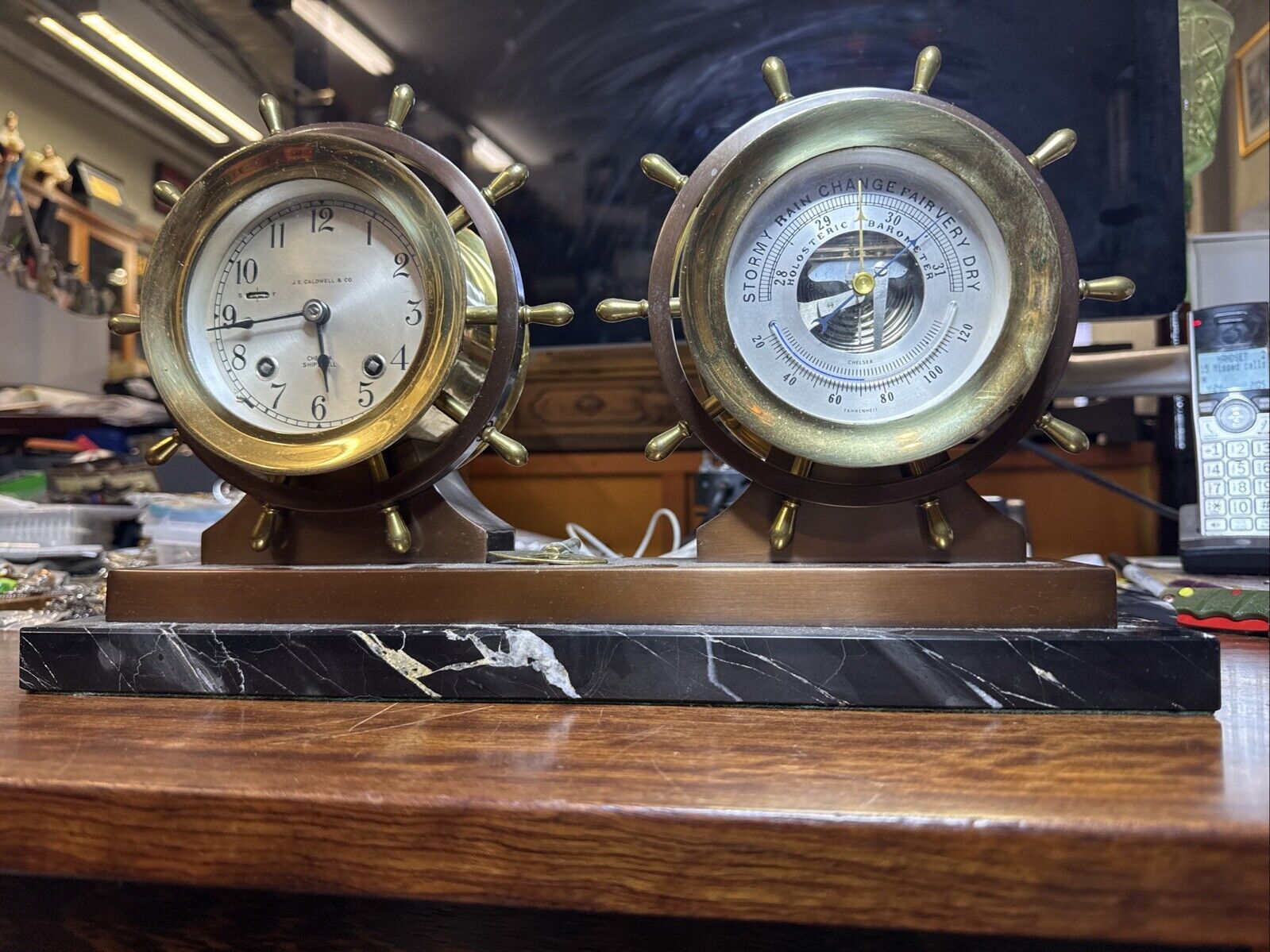 CHELSEA SHIPS BELL CLOCK BAROMETER~4 1/2" DIAL BRASS JE Caldwell &co Marble Base