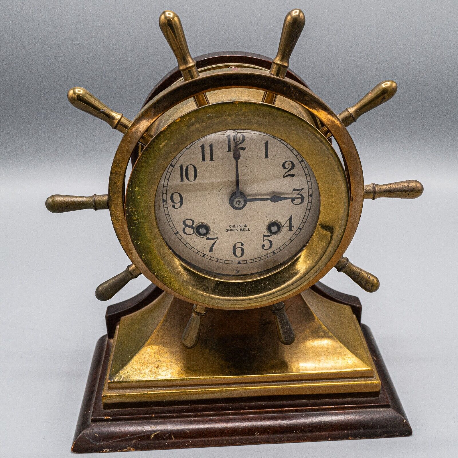 Chelsea Ship's Bell Clock Yacht Wheel 4" Dial Brass Case on Strand Circa 1945-49