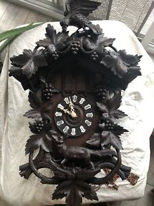 ANTIQUE BLACK FOREST CUCKOO CLOCK FOX & GRAPES MUSICAL HUGE HARD TO FIND