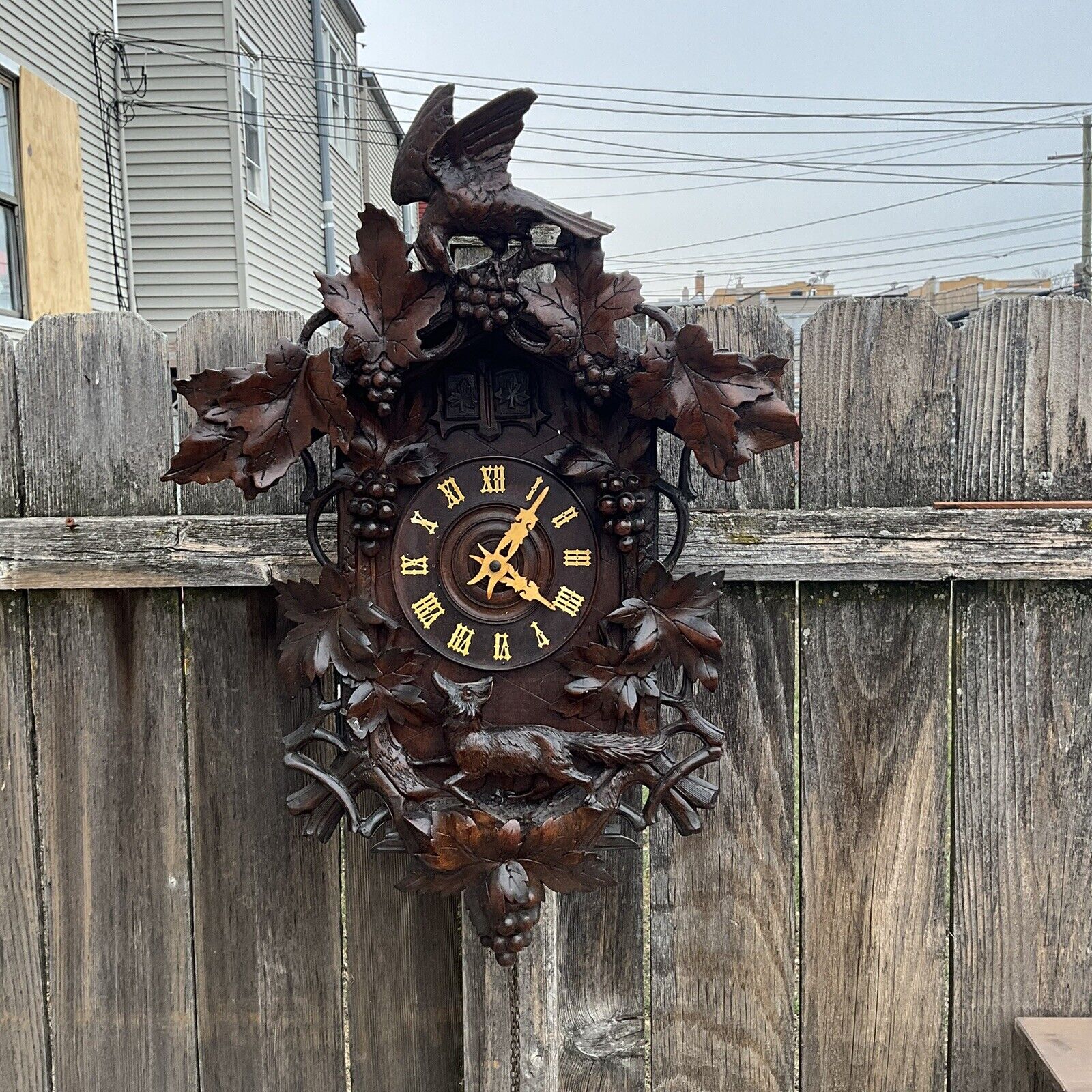german black forest large cuckoo & quail bird clock, Aesops fable fox & grapes