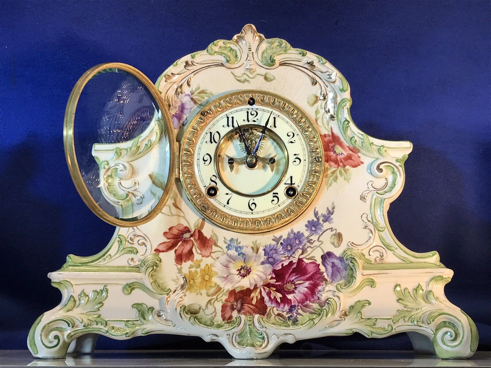 1882 ANTIQUE ANSONIA PORCELAIN STRIKES CLOCK,1755 GERMANY BONN PORCELAIN CASE