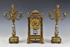 French Crystal Regulator Clock Set Gilt Bronze Champleve Enamel with Candelabras