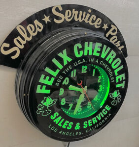 Felix Chevrolet  22" Curtis Neon Clock. W/Green neon & Marquee
