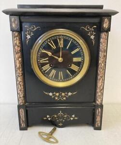 Tiffany & Co. Black Marble Mantle Clock with Golden Gilt Floral Designs