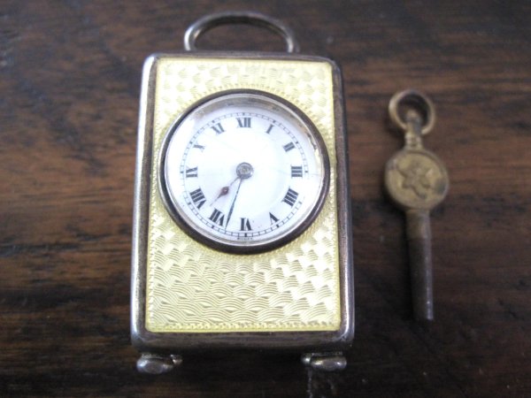 Key Wind Edwardian Miniature GENEVA Guilloche Enamel Clock Sterling ~ .935