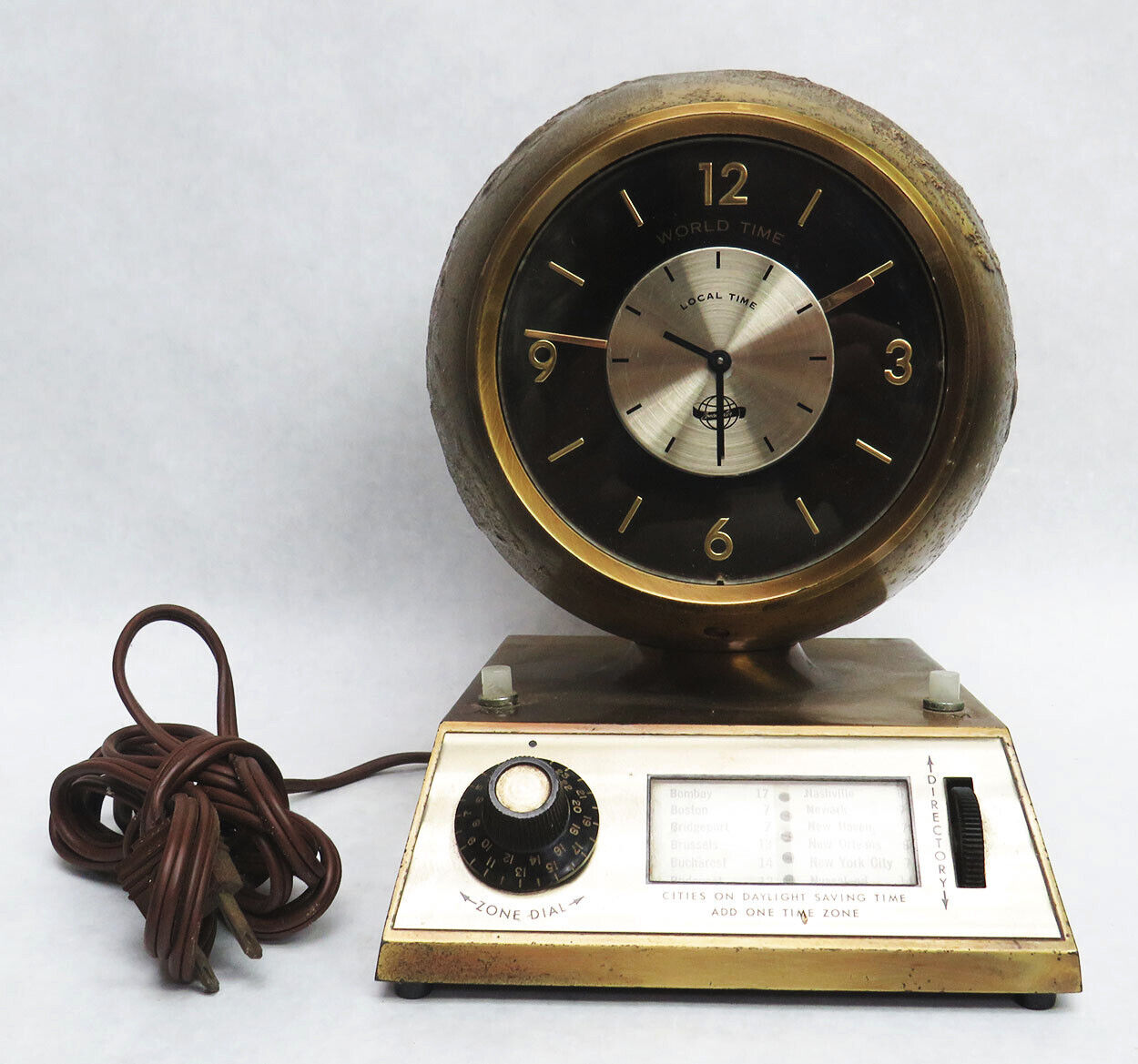 RARE ZONEMASTER VINTAGE GLOBE ELECTRIC 24 TIME ZONES BRASS WORLD TIME CLOCK