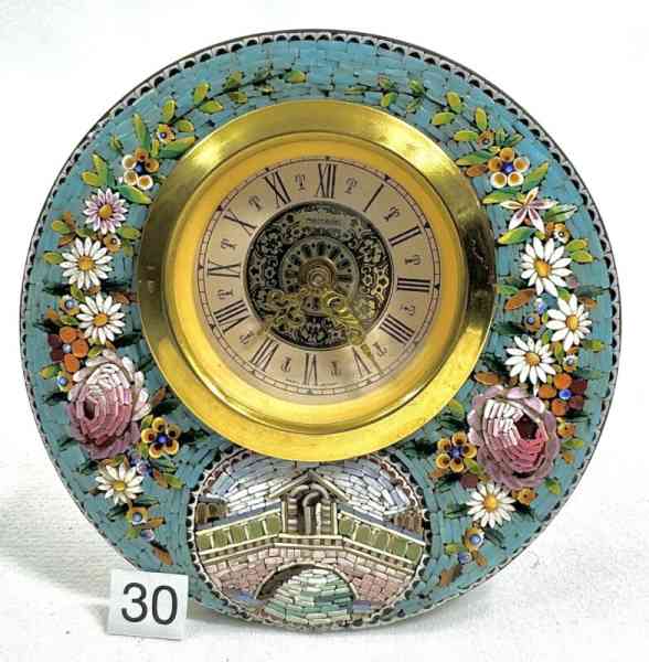 Antique RARE Italian Micro Mosaic German Wind Up Table Clock Works EUC