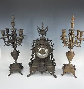 Antique 19c French Style Bronze Mantle Clock Garniture Set W/Griffins