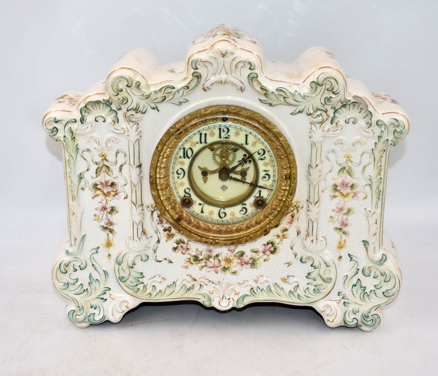 RARE LARGE ANTIQUE ANSONIA PORCELAIN MANTEL CLOCK – HANDPAINTED –OPEN ESCAPEMENT