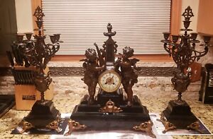 ANTIQUE FRENCH MANTEL CLOCK GARNITURE SET, FIGURAL BRONZED SPELTER & MARBLE,NICE