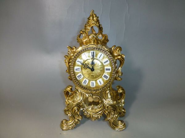 RARE ANTIQUE GERMAN GOLD GILT METAL CASE SWING PENDULUM 8 Day CLOCK CHIME HOURLY