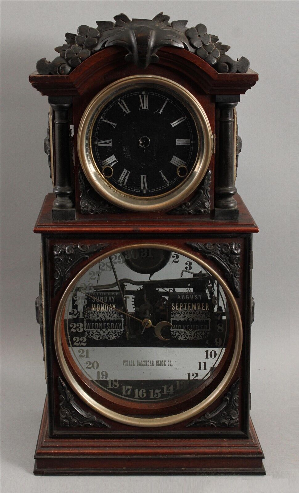 RARE Antique 19thC Ithaca Calendar Clock, No.3 Carved Walnut & Ebony Case NR