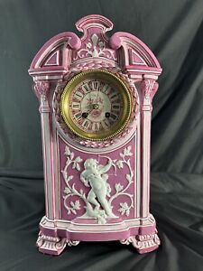 Antique 19th C. French China Pink Mental Clock Porcelain Neoclassical Working