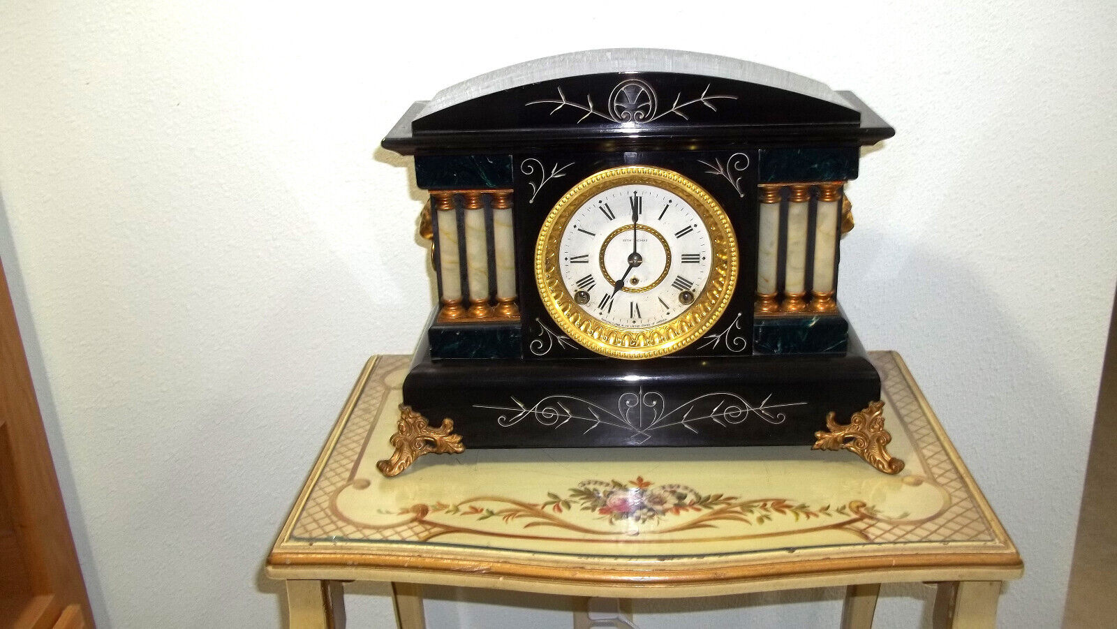FULLY RESTORED SETH THOMAS BLACK ADAMANTINE MANTEL CLOCK, LYONS MODEL