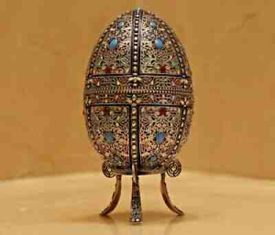 ANTIQUE RUSSIAN IMPERIAL SILVER FABERGE 84 CLOISONNE ENAMEL EASTER EGG