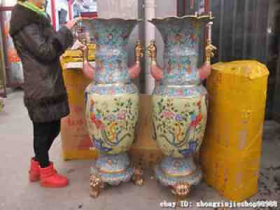50" Chinese Royal 100% Bronze cloisonne phoenix king of birds jar Pot Vase Pair