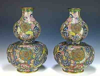 Superb Pair of Antique Chinese Cloisonne Double Gourd Vases with Qianlong Marks