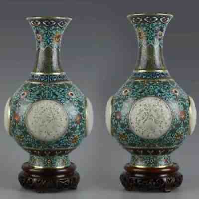 12" Pair of Antique Chinese Bronze Gilt Cloisonne inlay Hetian Jade Vase