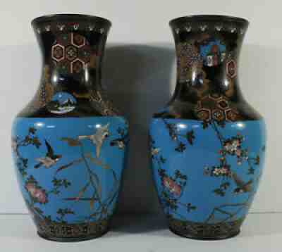 Pair 2 LG 13.5" Meiji Era Japanese Cloisonne Vases Bird Flower Excellent Quality