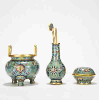 Antique Chinese Gilt Bronze Cloisonne Bottle Box Incense Burner Set