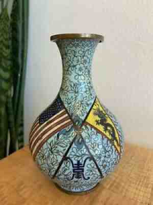 Antique Vintage Cloisonne Enamel 6â? Vase Chinese Dragon American Flag Damaged