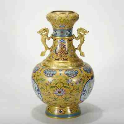 Antique Chinese Gilt Dragon Cloisonne Vase with Flowers and birds