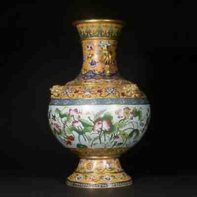 Antique Chinese Gilt Lion and Dragon Fish Cloisonne Vase with Lotus