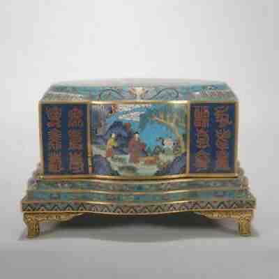 Antique Chinese Gilt Bronze Cloisonne Box with Figures Landscape