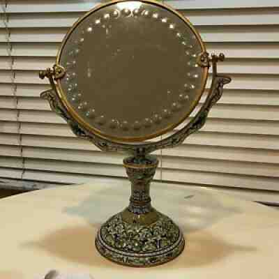 Antique Vintage Chinese Cloisonne Table Mirror With Shaded Enamel Floral Design