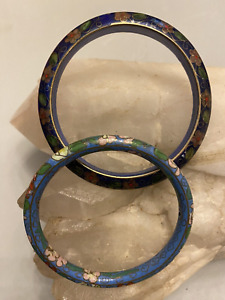 Set of 2 Vintage Bangle Bracelets, Cobalt Cloisonne Enamel & Painted Porcelain