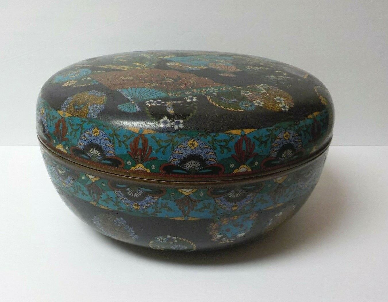 19th C. Japanese Cloisonne Enamel on Bronze 12" Lidded Box, Meiji Period