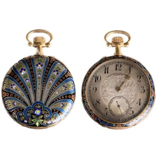VACHERON CONSTANTIN 18K YELLOW GOLD POCKET WATCH CLOISONNÉ ENAMEL CASEBACK #5124