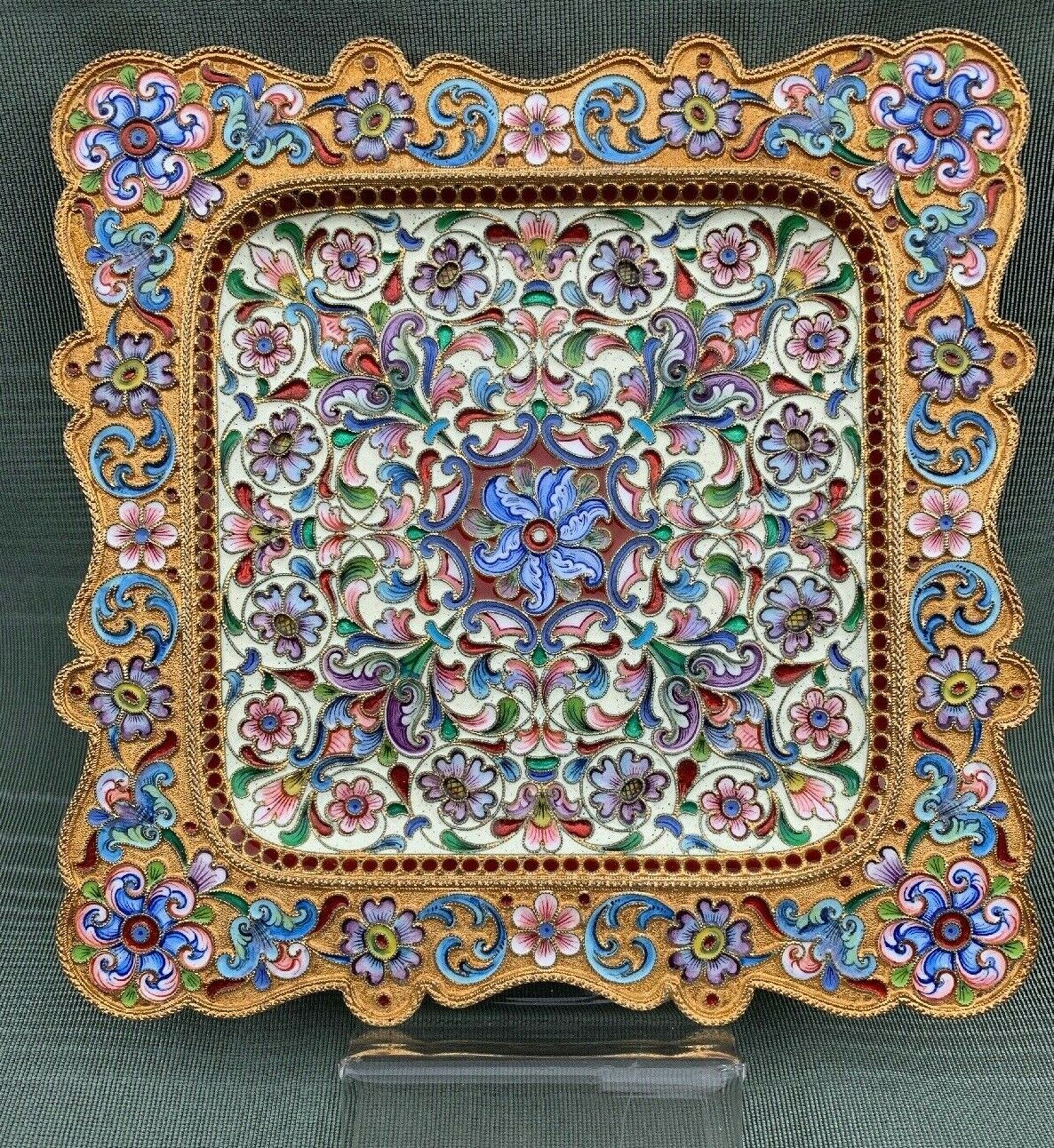 Russian Shaded Cloisonne Enamel 88 Silver card Tray Alexeyev  Moscow 243 grams