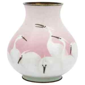 Japanese Meiji Era Wireless Cloisonne Pink Crane Enamel Vase