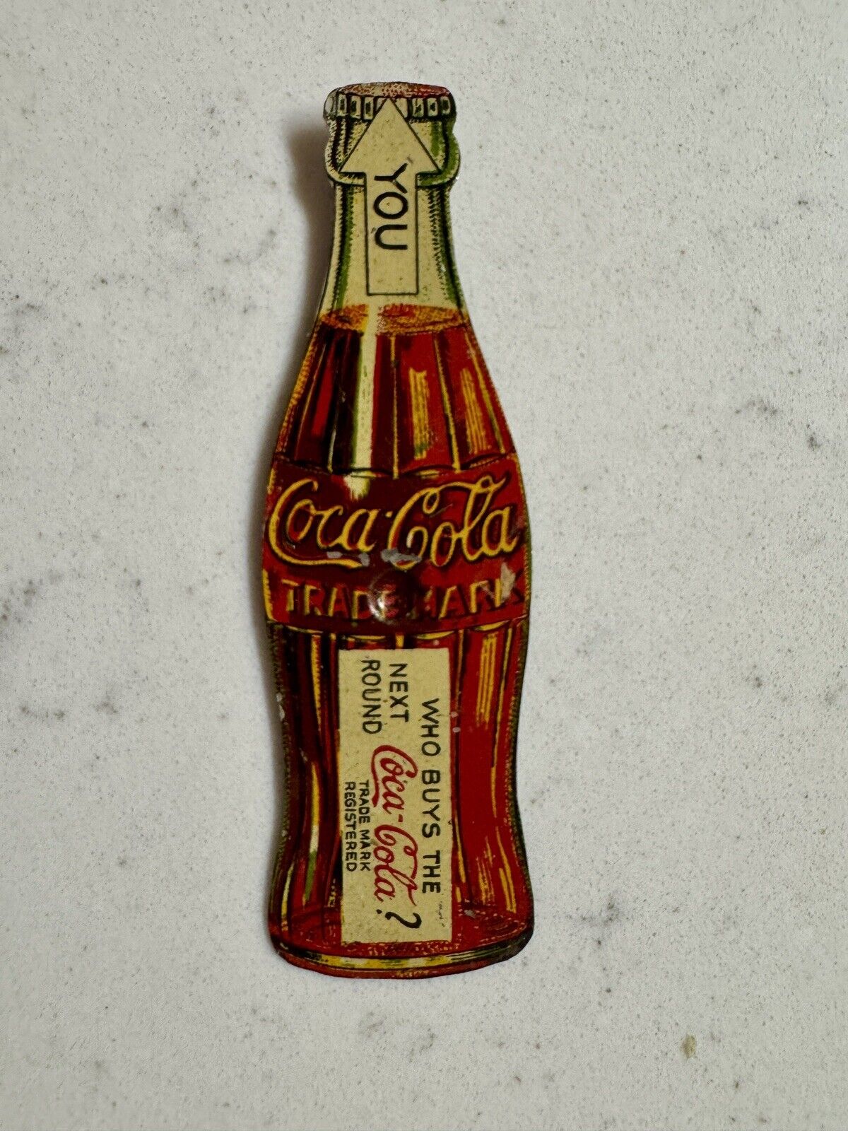 Rare antique 1930s Coca-Cola Who Pays Tin Spinner