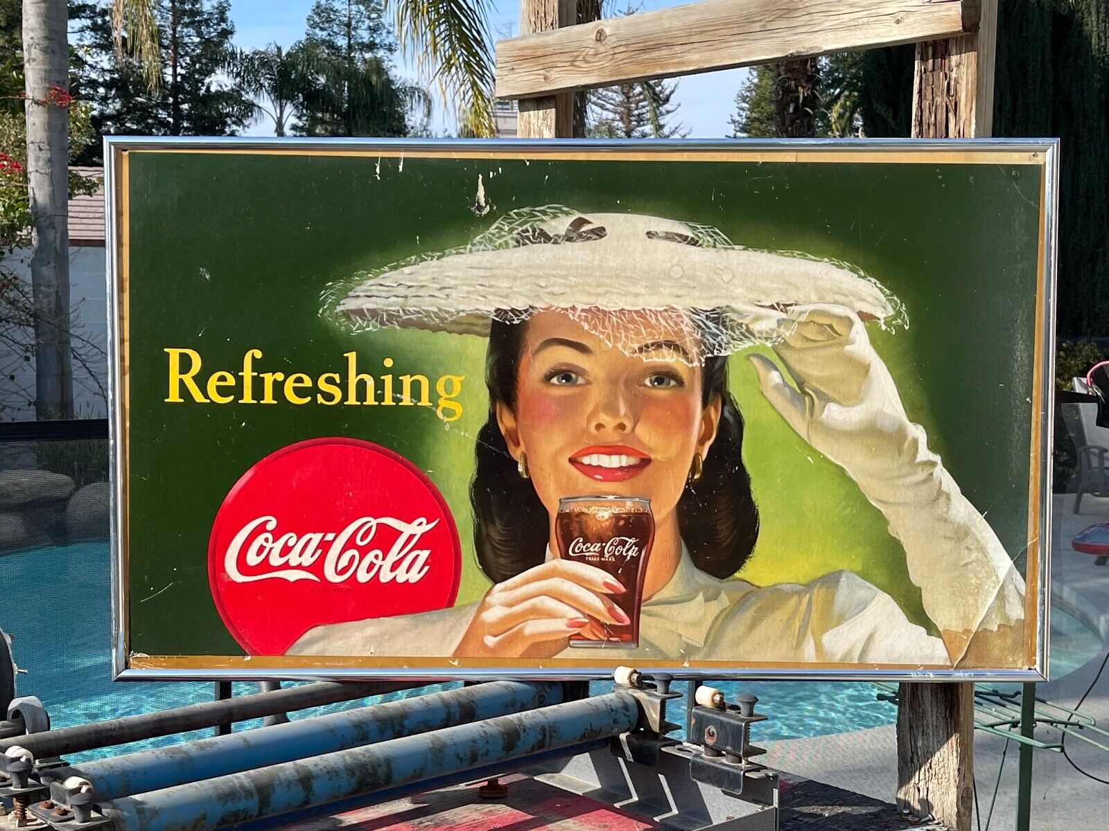 Original 1945 Cardboard Coca Cola Advertising Lithograph  PRETTY GIRL W/ HAT