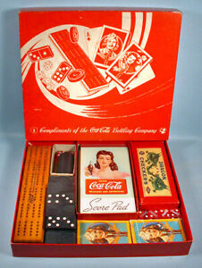 1940s Coca-Cola Wartime Game Box Milton Bradley Dominos Checkers Cribbage Cards