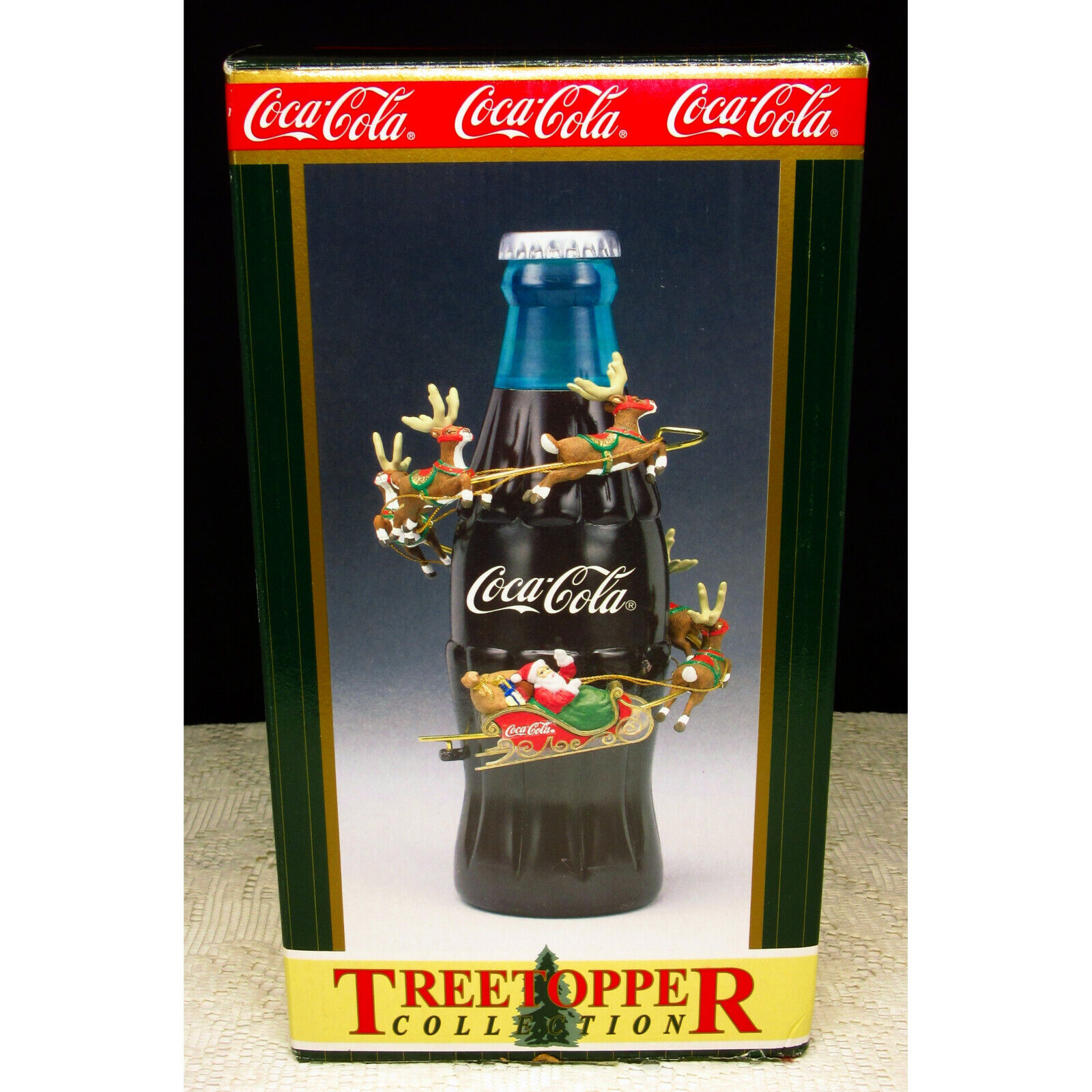 1999 Christmas Coca-Cola Coke Bottle with Santa Sleigh Animated Tree Topper