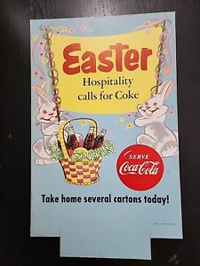 Vintage Easter Hospitality Cardboard Coca Cola Coke Sign Rabbits Basket JRR