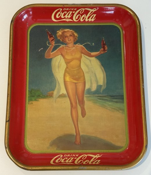 1937 Coca Cola Serving Tray Original Condition Lady Running On Beach 10.5" X 13"