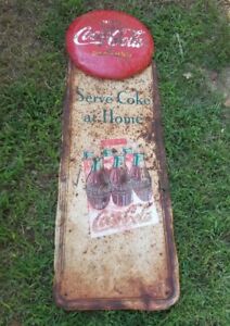 Awesome rustic ORIGINAL COCA COLA PILASTER PAINTED METAL SIGN COKE BUTTON Patina