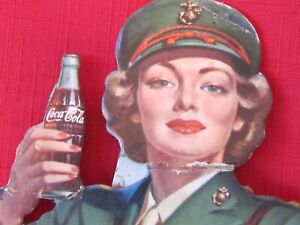 Vintage 1943 Coca Cola Military Service Marines Girl Cardboard Diecut 17.5" Sign