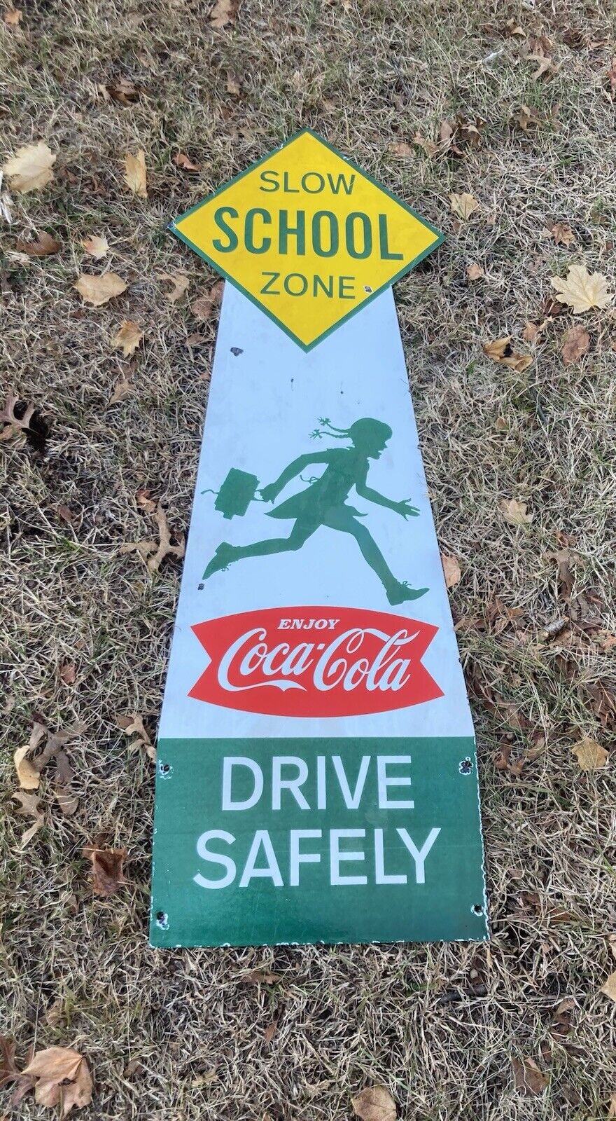 Vintage Slow School Zone Coca Cola Sign Soda Porcelain Enamel 48x17 Coke