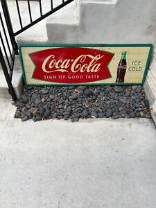 Vintage 1940's-1950's Coca Cola “Sign of Good Taste” Fishtail Metal Sign 53"