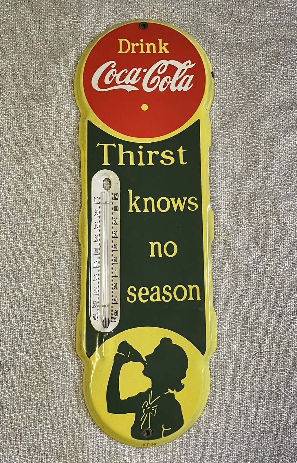 Rare Enameled Steel Coca Cola Thermometer “Thirst Knows No Season”